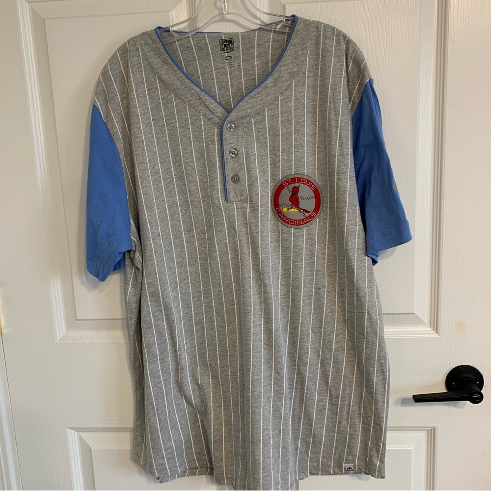 Majestic St. Louis Cardinals Henley Baseball Shirt Copperstown Gray Pinstripe XL